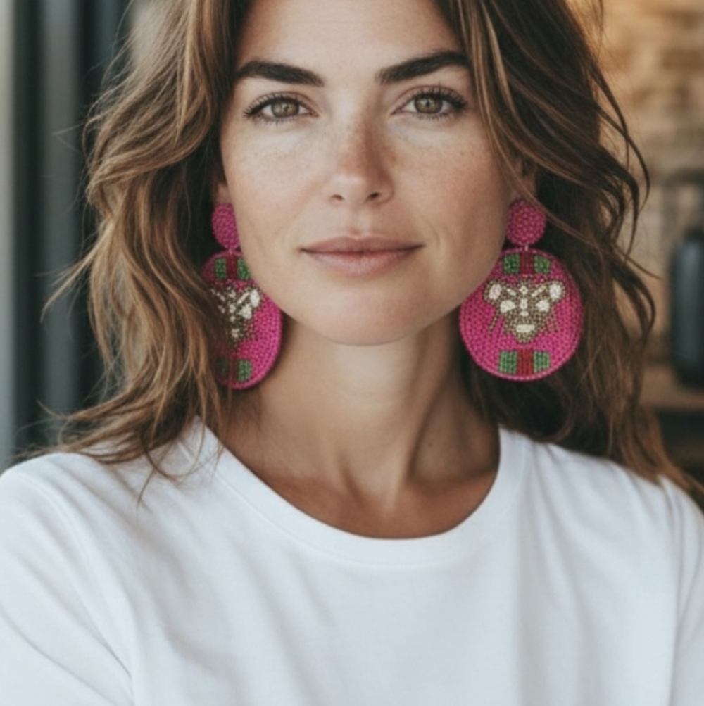 Kay Lee Pink Bee Beaded Round Earrings New